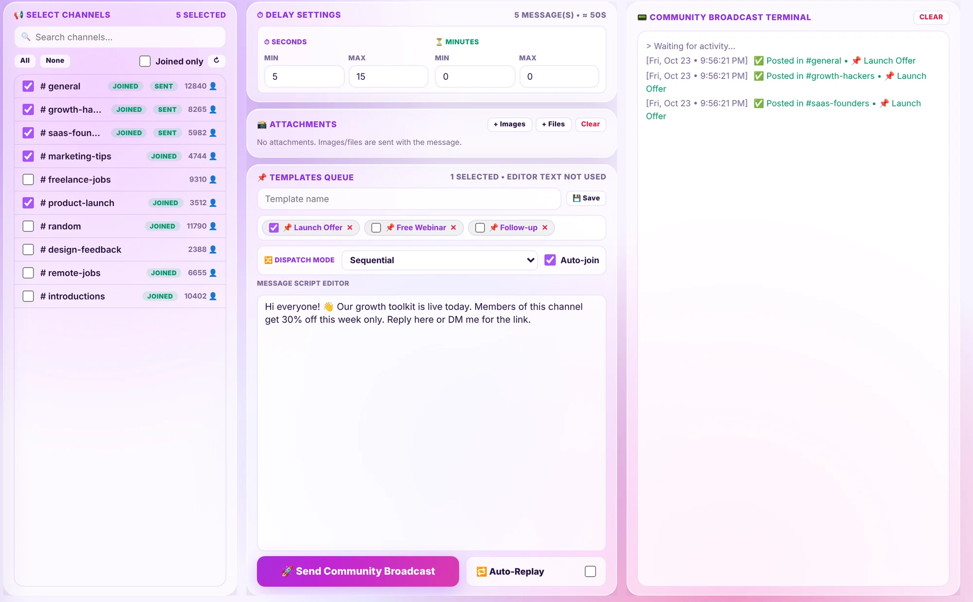 Community Broadcast screen with channels selected and a message ready
