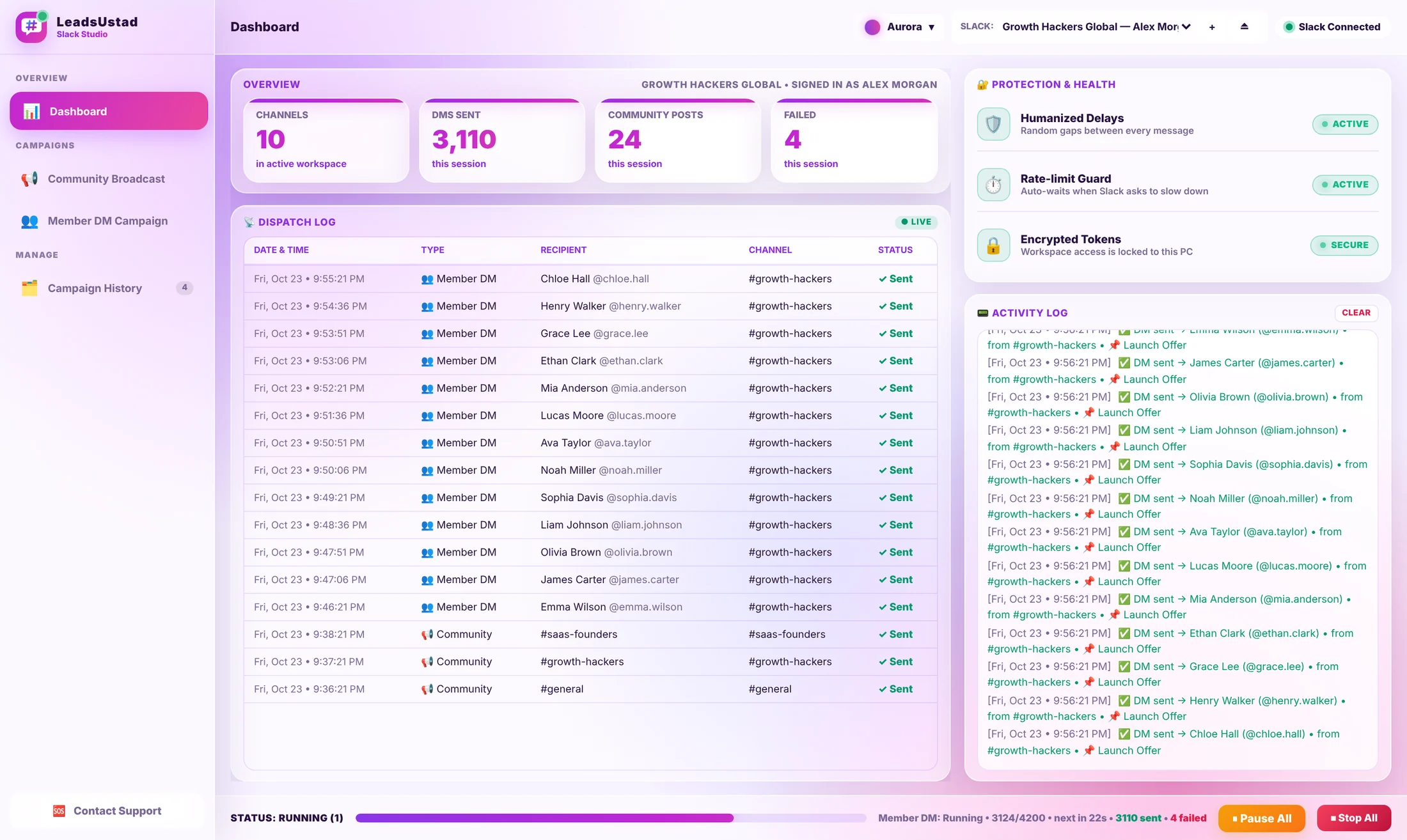 LeadsUstad Slack Studio dashboard showing channel posts and member DMs being sent