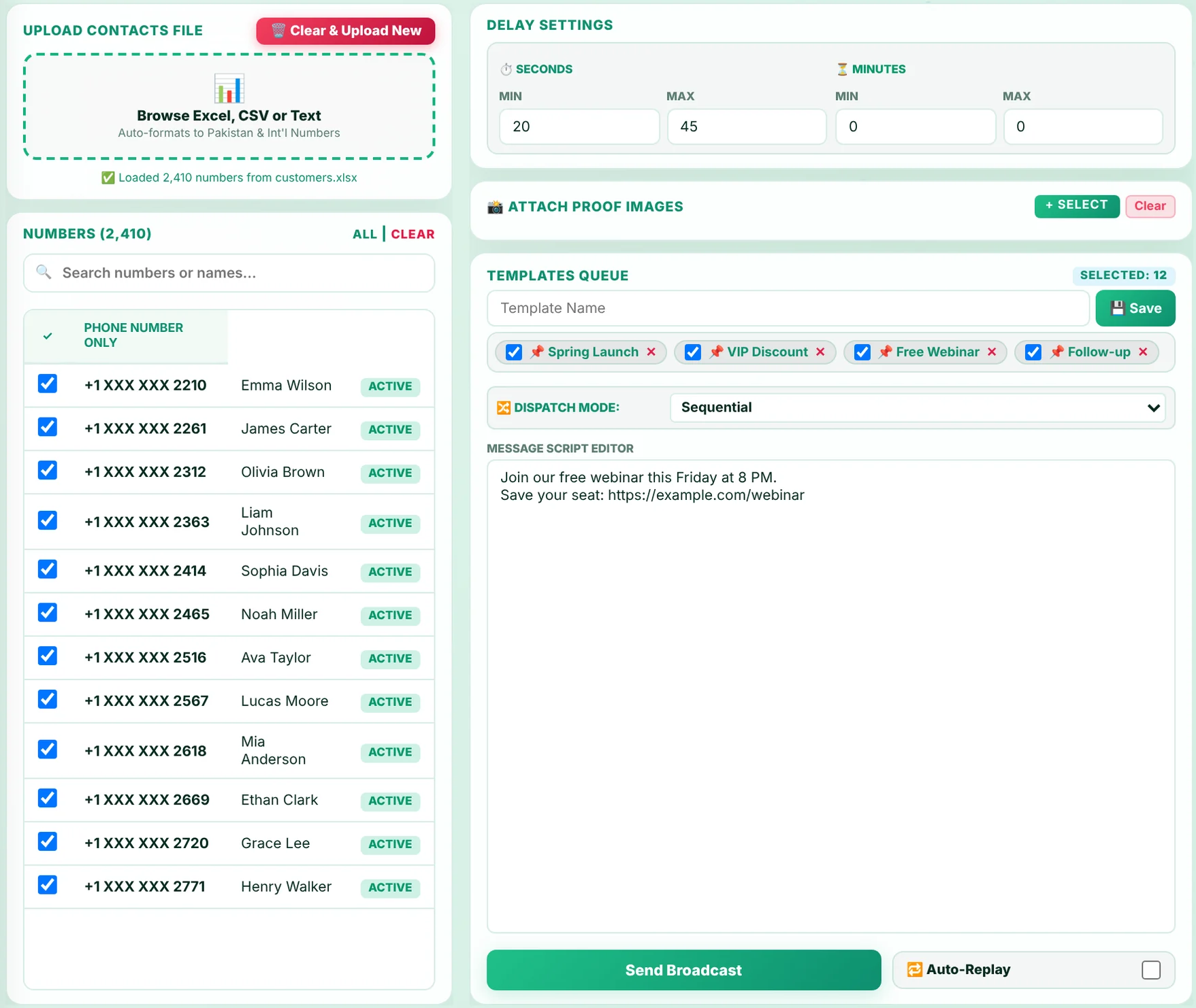 Custom Contacts Marketing screen with uploaded numbers marked Active or No WhatsApp