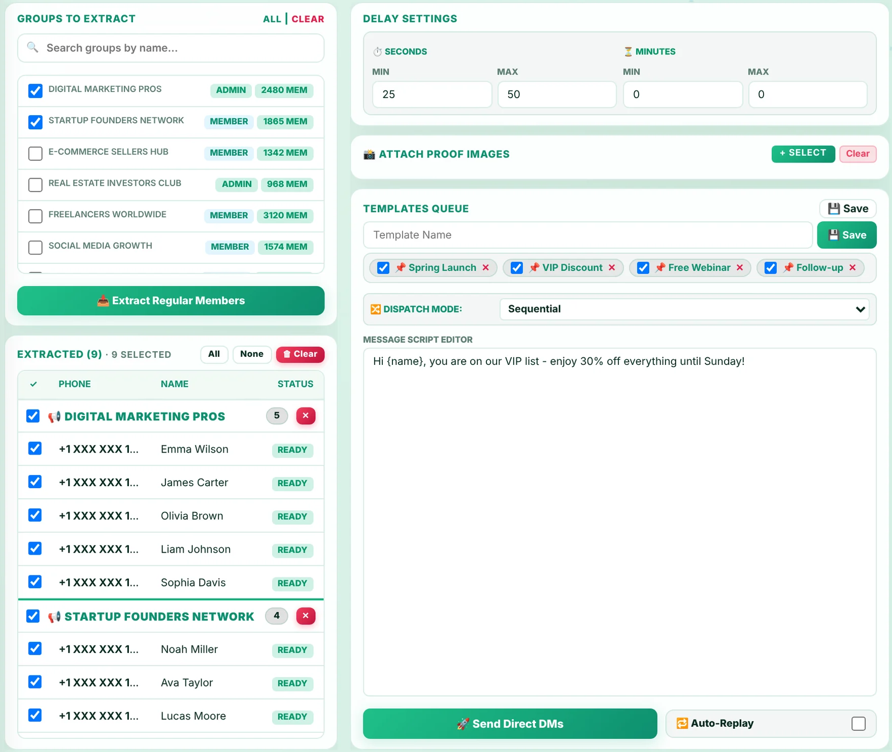 Group Member Marketing screen with extracted members listed under each group, ready for DM