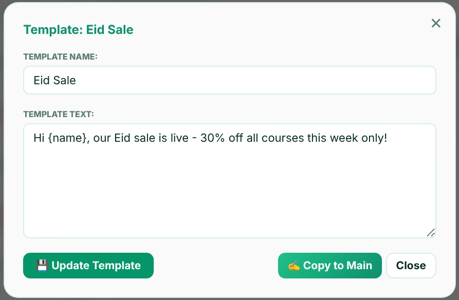 Edit template window with template name, template text and Update Template button
