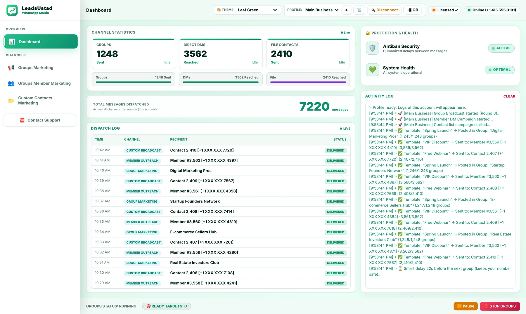 LeadsUstad WhatsApp Studio dashboard in the Leaf Green theme